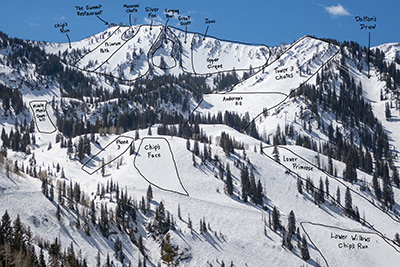Snowbird’s Peruvian Gulch (annotated), April 22, 2018